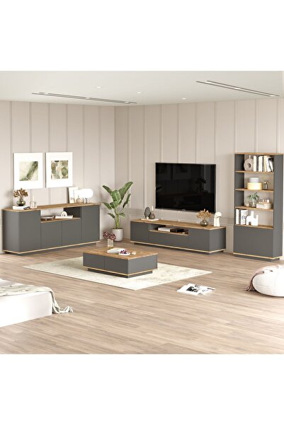 Yurudesign Future Tv Ünitesi Orta Sehpa Konsol Kitaplık 4'Lü Set Çam-Antrasit...
