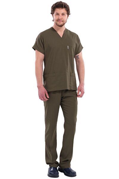 Alsancak Üniforma Men's Khaki Lycra Thin Fabric Scrubs Doctor Nurse Jersey Bat Sleeve Surgical Suit