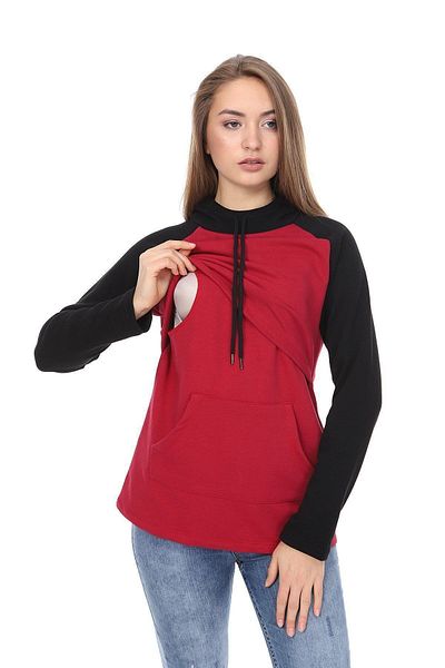 Luvmabelly Myra4523 Черно-бордо пачуърк блуза за кърмене с качулка и джобове