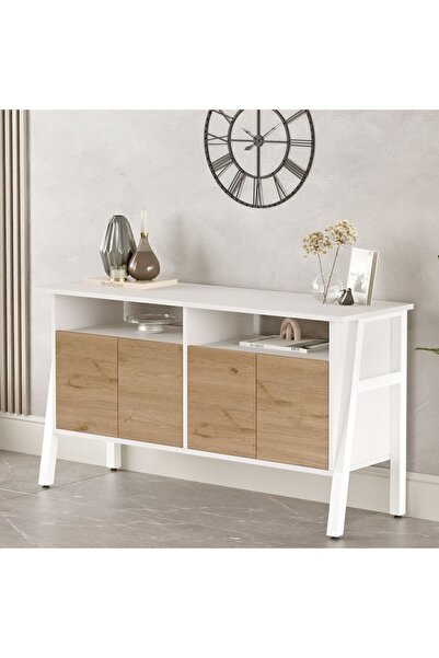 Yurudesign Molena Konsol 4 Kapaklı 140cm Beyaz Metal Ayaklı Sepet-Beyaz MA3-SW