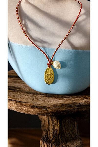 jewine studio Altın Kaplama Koruyucu Göz Figürlü Gerçek İnci Detaylı Kırmızı ...