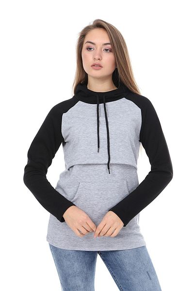 Luvmabelly Myra4524 Черно-сив суитшърт за кърмене с качулка и джобове