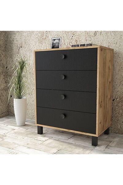 Yurudesign Vilamo Şifonyer Ahşap Ayak, 4Çekmece, Çam-Siyah Vl80-238