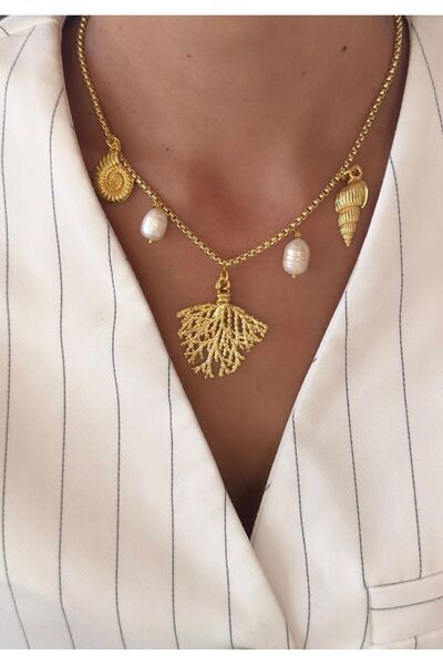 jewine studio Altın Kaplama Tasarım İnci ve Deniz Temalı Kolye
