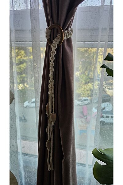 Tevatir Makrome Perde Süsü - Perde Tutacağı Ahşap Halka Ve Boncuklu 2 Adet