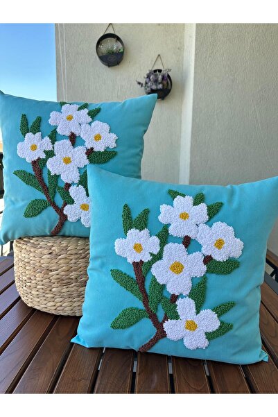punchatolyem Spring Flower Bohemian Punch Hand Embroidered Throw Pillow Case Double Set Turquoise Color 100% Hand Embroidered
