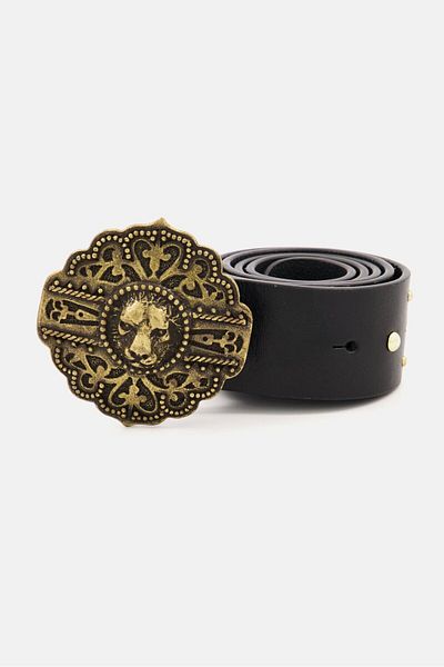 The Kooples Women Textured Lion Buckle Leather Belt, Black