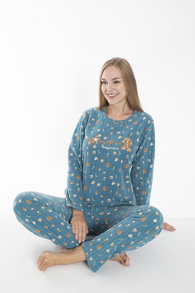 Estiva Blue Cookie Patterned Ribbed Women's Fleece Pajama Set