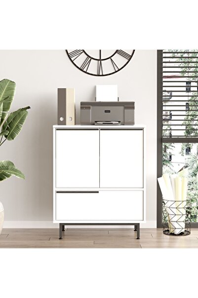 Yurudesign Ocean Ofis Dolabı 3 Kapaklı Metal Ayaklı Beyaz On8b-w