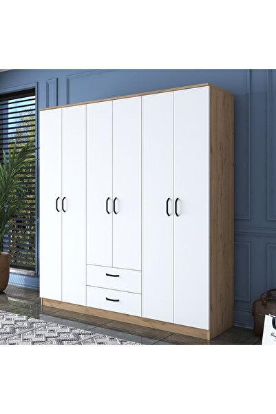 Rani Mobilya Rani Ba115 Geniş Gardırop Elbise Dolabı 6 Kapaklı 2 Çekmeceli 5 Raflı 3 Askılı Sepet Ceviz - Beyaz