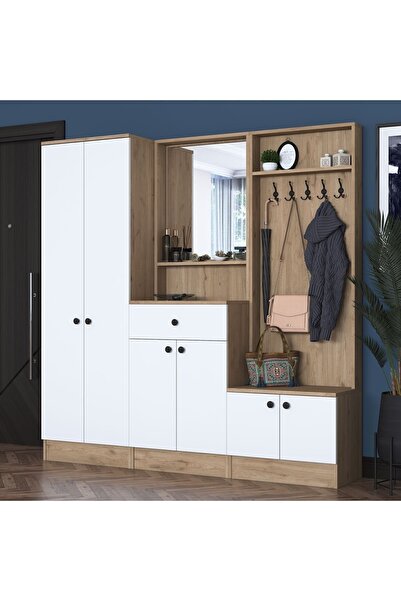 Rani Mobilya Rani P6 Modern Çekmeceli Aynalı Askılı Portmanto Ayakkabılık Vestiyer Sepet Ceviz - Beyaz M3