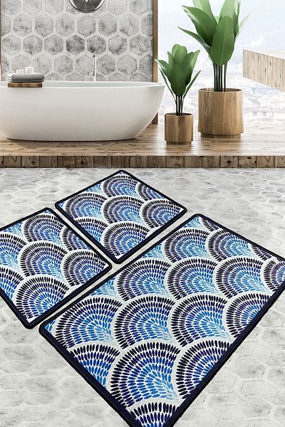 Chilai Home Σετ χαλιών μπάνιου Azul με 3 αντιολισθητικές βάσεις, πλενόμενο Djtbanyo