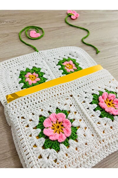 BEYZACA Crochet Serisi, Özel Tasarım, Çiçek Motifli Koton Çanta ve Ayraç Seti