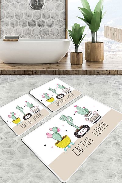 Chilai Home Σετ χαλιών μπάνιου Pink Cactus 3 τεμαχίων Σετ καθίσματος τουαλέτας με αντιολισθητική βάση