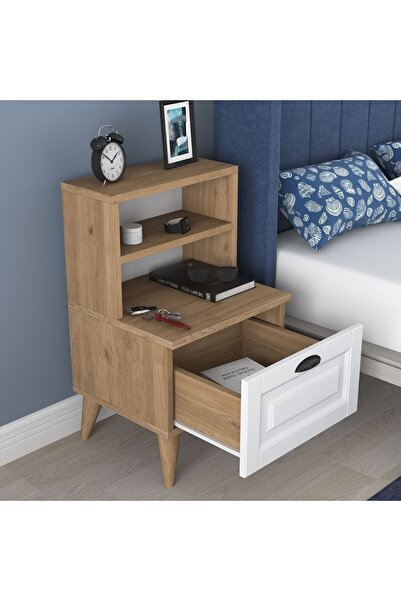 Rani Mobilya Rani Bd105 Komodin 2 Raflı Membran Çekmeceli Komodin Sepet Ceviz - Beyaz