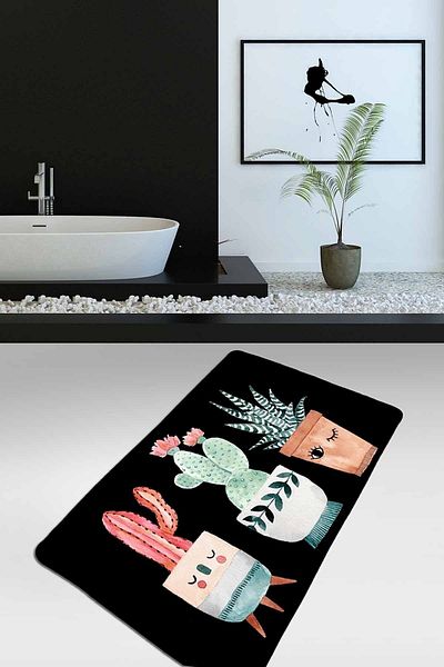 Chilai Home Happy Cactus Μαύρο Μπάνιο Αντιολισθητικό, Πλένεται, Μοκέτα Μπάνιου, 70x120 cm Djth