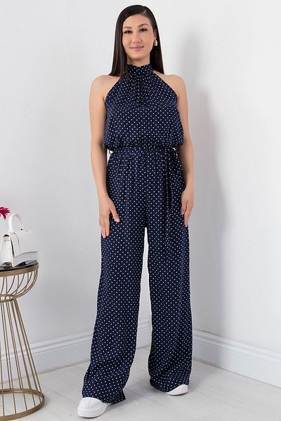 PULLIMM Belted Halter Neck Jumpsuit - Polka Dots, VRN7818