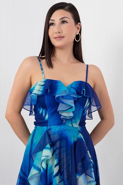 PULLIMM Rochie din tul cu bretele cu frânghie imprimată cu volane - SB7211