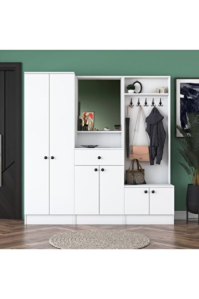 Rani Mobilya Rani P6 Modern Çekmeceli Aynalı Askılı Portmanto Ayakkabılık Vestiyer Beyaz M3