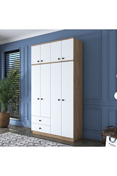 Rani Mobilya Rani Ba121 Geniş Gardırop Elbise Dolabı 8 Kapaklı 2 Çekmeceli 1 Raflı 2 Askılı Sepet Ceviz - Beyaz