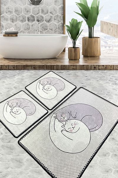 Chilai Home Katt Bathroom Rug Set of 3 Non-Slip Base, Washable Djtbanyo