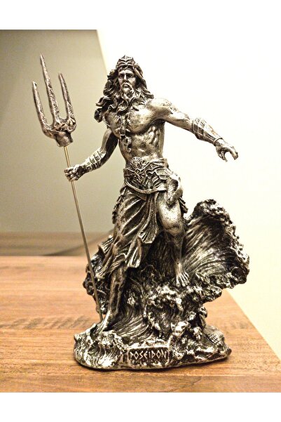 Antioch Art And Design Tasarım Poseidon Biblo 21 Cm Mitolojik Heykel Ev Dekor Hediyelik Eşya Gümüş