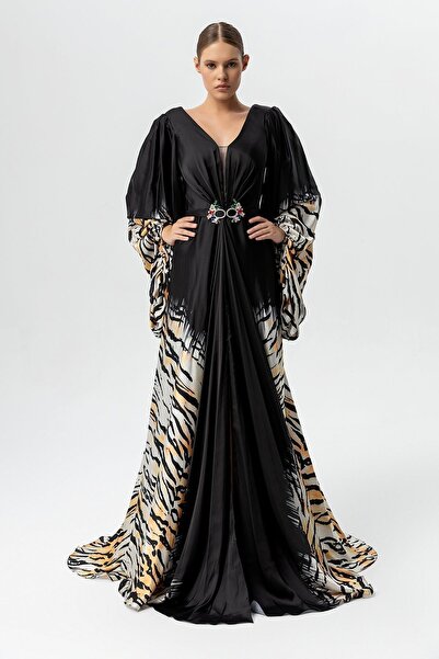 Sarı Etiket Rochie de seară cu centură de piatră cu decolteu în V cu model zebră