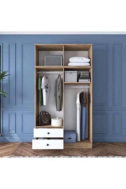 Rani Mobilya Rani Ba121 Geniş Gardırop Elbise Dolabı 8 Kapaklı 2 Çekmeceli 1 Raflı 2 Askılı Sepet Ceviz - Beyaz