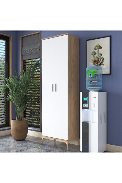 Rani Mobilya Rani JE102 Çok Amaçlı Dolap 2 Kapaklı 7 Raflı Banyo Kiler Mutfak Dolabı Sepet Ceviz - Beyaz