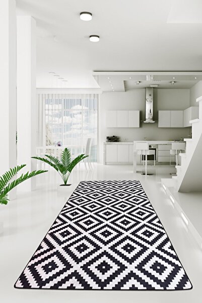 Chilai Home Black White Kaymaz Taban Kesme Halı Yolluk , Yıkanabilir Kaymaz Djth