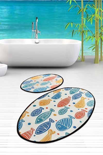 Chilai Home Σετ 2 Fish Colored Djt - Πλένεται χαλί μπάνιου και αντιολισθητική βάση