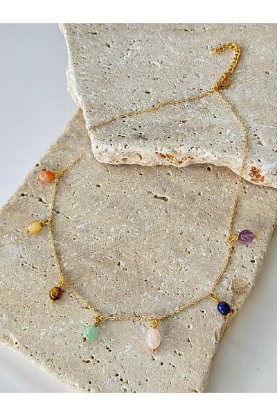 jewine studio Seven Chakra Natural Stone Steel Necklace