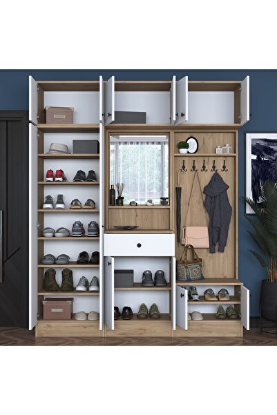 Rani Mobilya Rani Ea104 Portmanto Çekmeceli Aynalı Raflı Vestiyer Sepet Ceviz - Beyaz