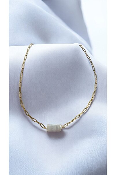 jewine studio Sertifikalı Gerçek Dikdörtgen Barok İncili Çelik Zincirli İnci Kolye