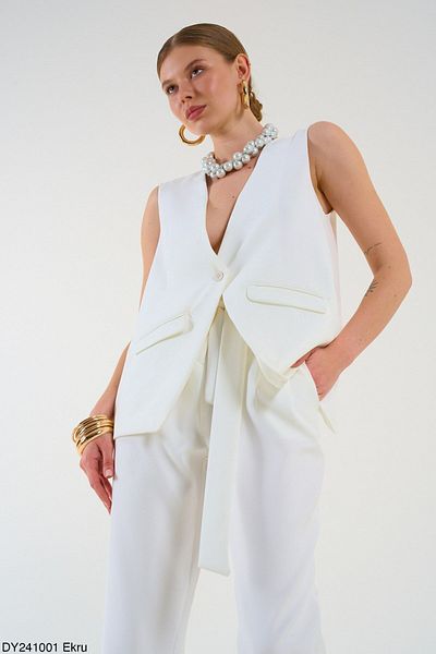no 39 company Ecru V-Neck Asymmetric Cut Design Vest - Back Detailed, Single Button