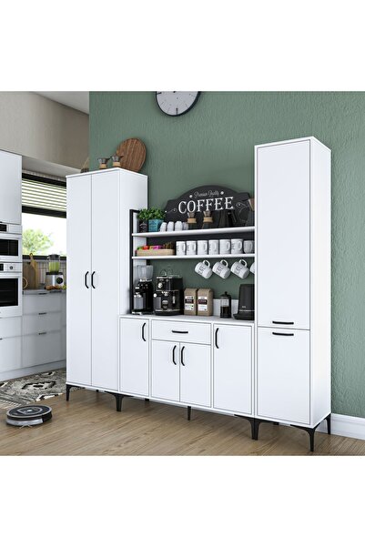 Rani Mobilya Rani Je150 Kahve Köşesi Çok Amaçlı Dolap 8 Kapaklı 1 Çekmeceli Kiler Mutfak Dolabı Beyaz
