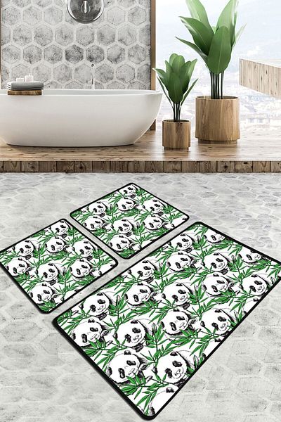 Chilai Home Σετ χαλιών μπάνιου Green Panda 3 τεμαχίων Σετ καθίσματος τουαλέτας με αντιολισθητική βάση