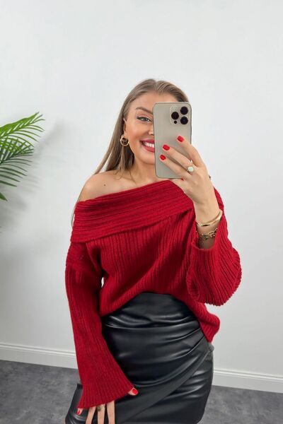 Didem Butik Red Knitwear Madonna Collar Soft Sweater Full Fit Blouse