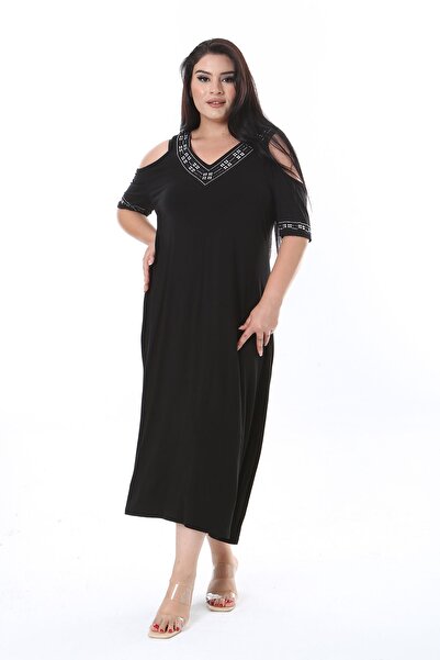 Şans Plus Size Black Jewelled Shoulder Detail Dress - 65N38315