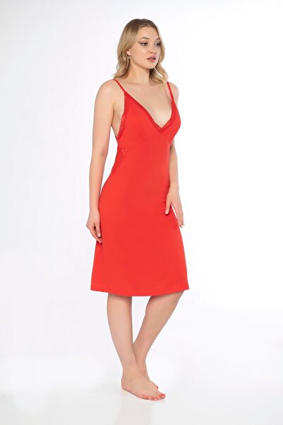 MyBen Cămașă de noapte roșie cu bretele, dantelă, cu detalii la spate Ky018