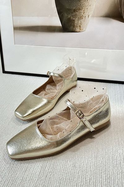 POLKA STORE Petite Gold Dore Closed Back Single Strap Square Toe Helmet Women's Ballerina Shoes Mary Jane