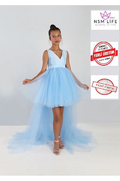 2021 NSM LİFE quality of life Baby Blue Girl's Dress - Κοντό μπροστά, μακρύ πίσω περιτύλιγμα, φούστα για πάρτι γενεθλίων και αποφοίτησης