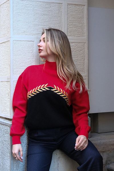 MY BELLA BUTİK Embroidered Red Black Half Turtleneck Sweater