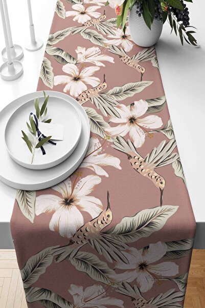 Pilloveland Dusty Rose Hibiscus Patterned Suede Runner - 140*40 cm