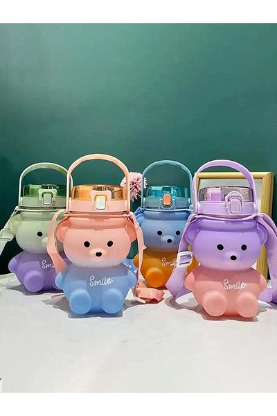 DEKOMUS Smıle Teddy Bear Designed Hanging Bottle Drinker Tritan Flask 800 Ml