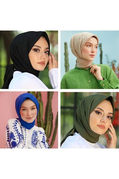 HAR-UM Ticaret Hijab Women's Bamboo Scarf Model - Set of 4 Saks, khaki, beige, black