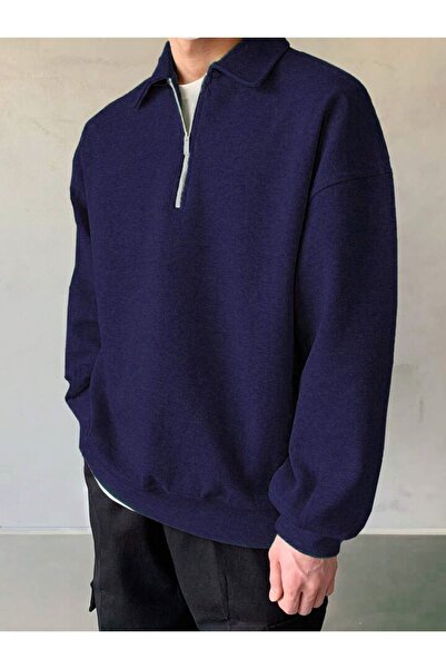 GENIUS STORE Hanorac oversize pentru bărbați cu gât polo - cu jumătate de fermoar