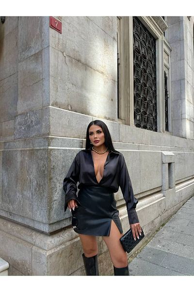 Friday Mood Γυναικείο μαύρο σατέν πουκάμισο oversize