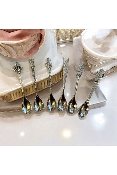 CHANCE GİFT 6 Different Motifs Sweet Jam Ice Cream Spoons - Antique Model Gift