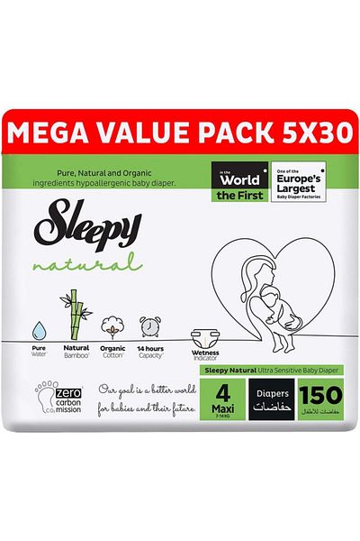 Sleepy Natural Size 4 | 150 Count | 2-5Kg Diapers | 5X30 Bamboo | 100% Dry